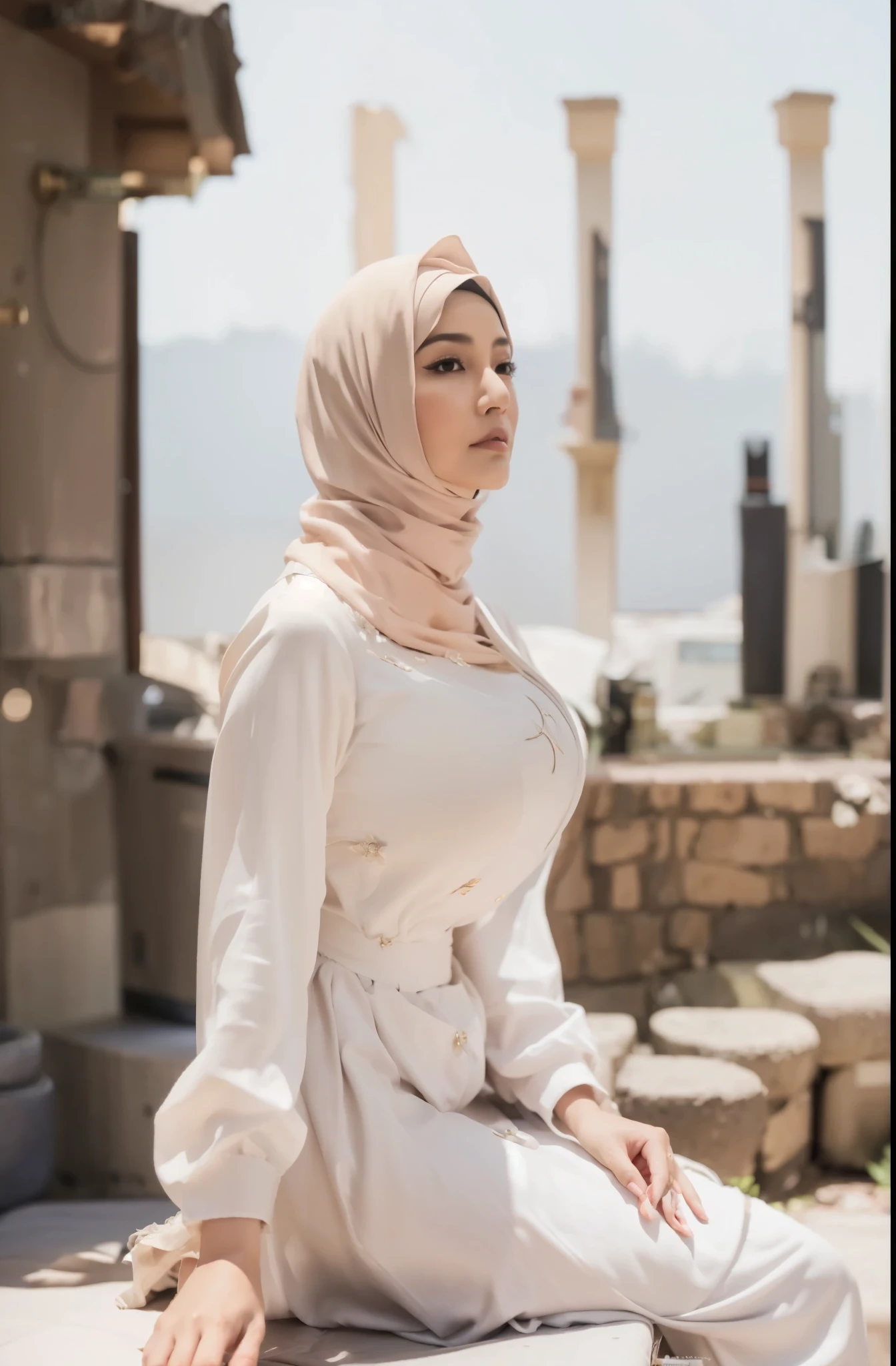 50 years Old, Hijab Indonesian mature woman, Big Tits : 66.9, Gamis, Breast out from her clothes : 1.9, at doctor office, Dark light, at Nighttime