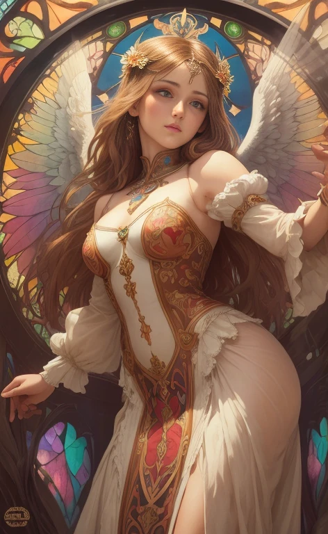 (best quality:1.2,vetorial art:1.1,vivid colors,Stained glass,beautiful vintage angel woman with big open wings:1.1),determined face expression,corpo de frente para o observador,alphonse mucha style,Intricate flowery background,vivid colors,warm tone,soft lighting)
