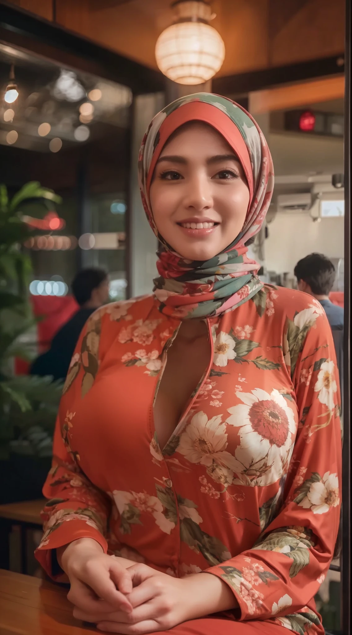 Shazia Khan, A sexy eyed Pakistani 24-year-old woman standing in a busy street market in Lahore, Pakistan, overlooking a picturesque scenery, dressed in extremely revealing red attire wearing a headscarf/hijab with a big cleavage.