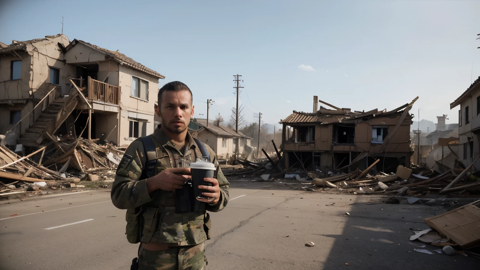 soldado, masculino, call of duty warzone, holding coffee cup in one hand,in the other hand a gun, several destroyed houses in the background, 1280 x 720