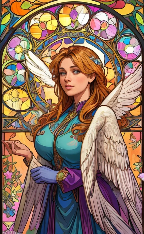 (best quality:1.2,vetorial art:1.1,vivid colors,Stained glass,beautiful vintage angel woman with big open wings:1.1),determined face expression,corpo de frente para o observador,alphonse mucha style,Intricate flowery background,vivid colors,warm tone,soft lighting)