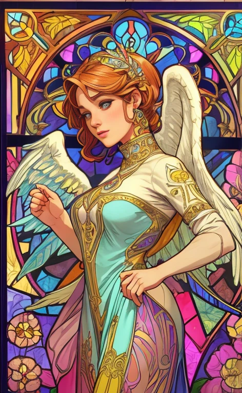 (best quality:1.2,vetorial art:1.1,vivid colors,Stained glass,beautiful vintage angel woman with big open wings:1.1),determined face expression,corpo de frente para o observador,alphonse mucha style,Intricate flowery background,vivid colors,warm tone,soft lighting)