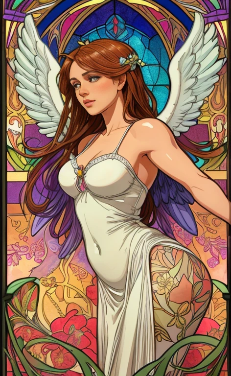 (best quality:1.2,vetorial art:1.1,vivid colors,Stained glass,beautiful vintage angel woman with big open wings:1.1),determined face expression,corpo de frente para o observador,alphonse mucha style,Intricate flowery background,vivid colors,warm tone,soft lighting)