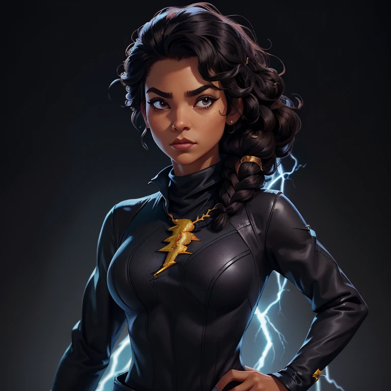 ((Black free fire game style female character)), ((arafed woman))((African-American Asian)), ((With black curly hair tied up with some loose strands)), ((And a black long-sleeved blouse purchased turtleneck written Girl)),((She is facing the camera looking to the side, black background and blue lightning)) 20 years