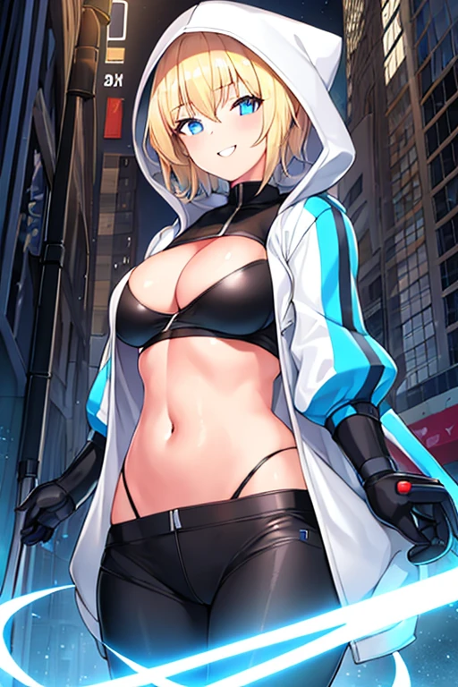 1girl, blonde hair, blue eyes, very short hair, hood up, hoodie, jacket, white jacket, hooded jacket, glowing eyes, black pants, black shirt, shirt, smile, tall, tall female, large breasts, toned, toned female, street, city, thick thighs, open jacket, breasts