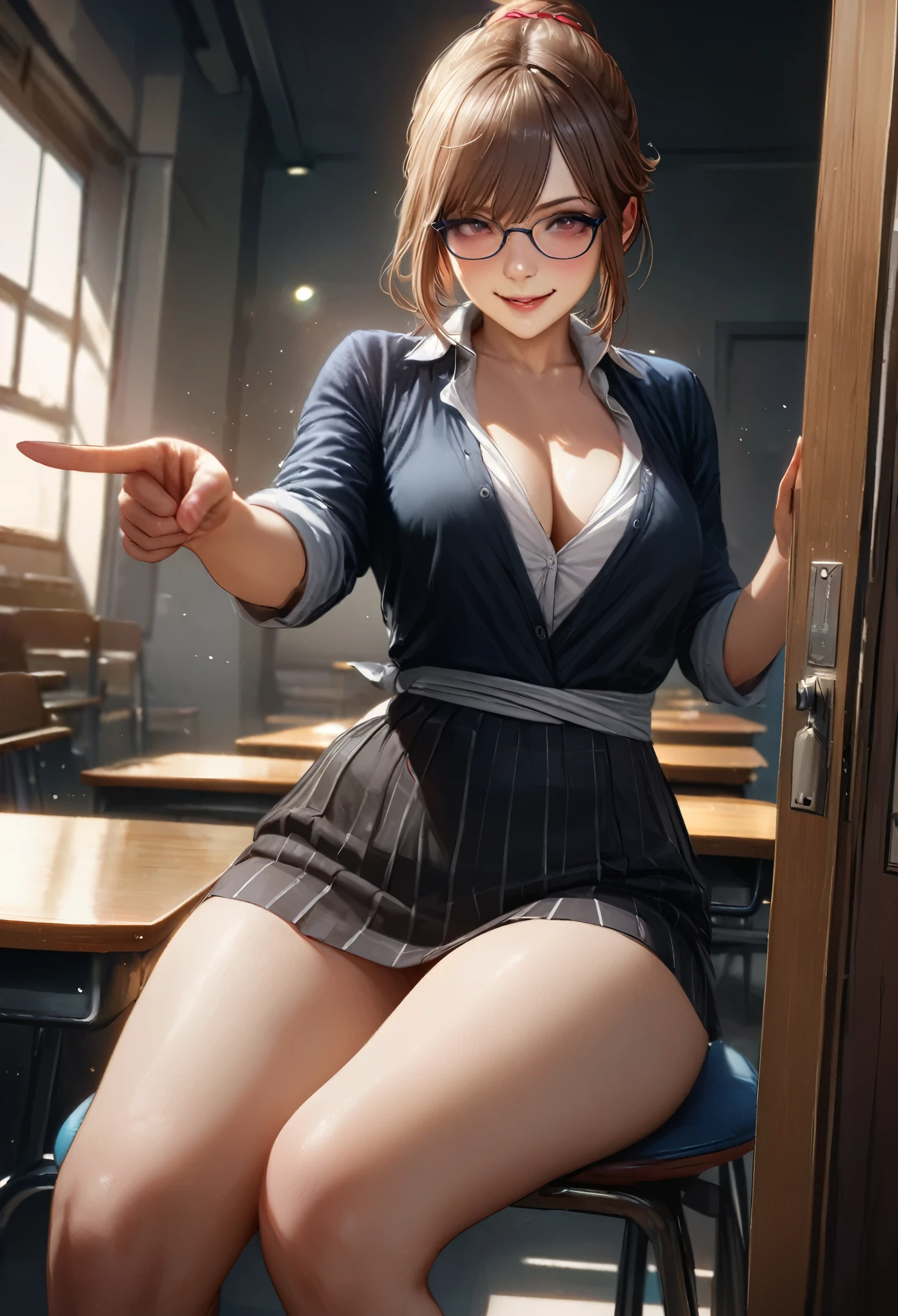 "Best quality, Masterpiece:1.2, absurd, 1 girl, smile, open door, Behind the door, school entrance door, high resolution, ultra detailed, realistic:1.37, vivid colors, studio lighting, bokeh"Sexy teacher in a classroom giving a welcome, with glasses and her hair tied up, very pretty, pointing at the stone and teaching mathematics,  tight and fitted to her body, short skirt and cleavage on display, students sitting in their seats, nice teacher how many anal