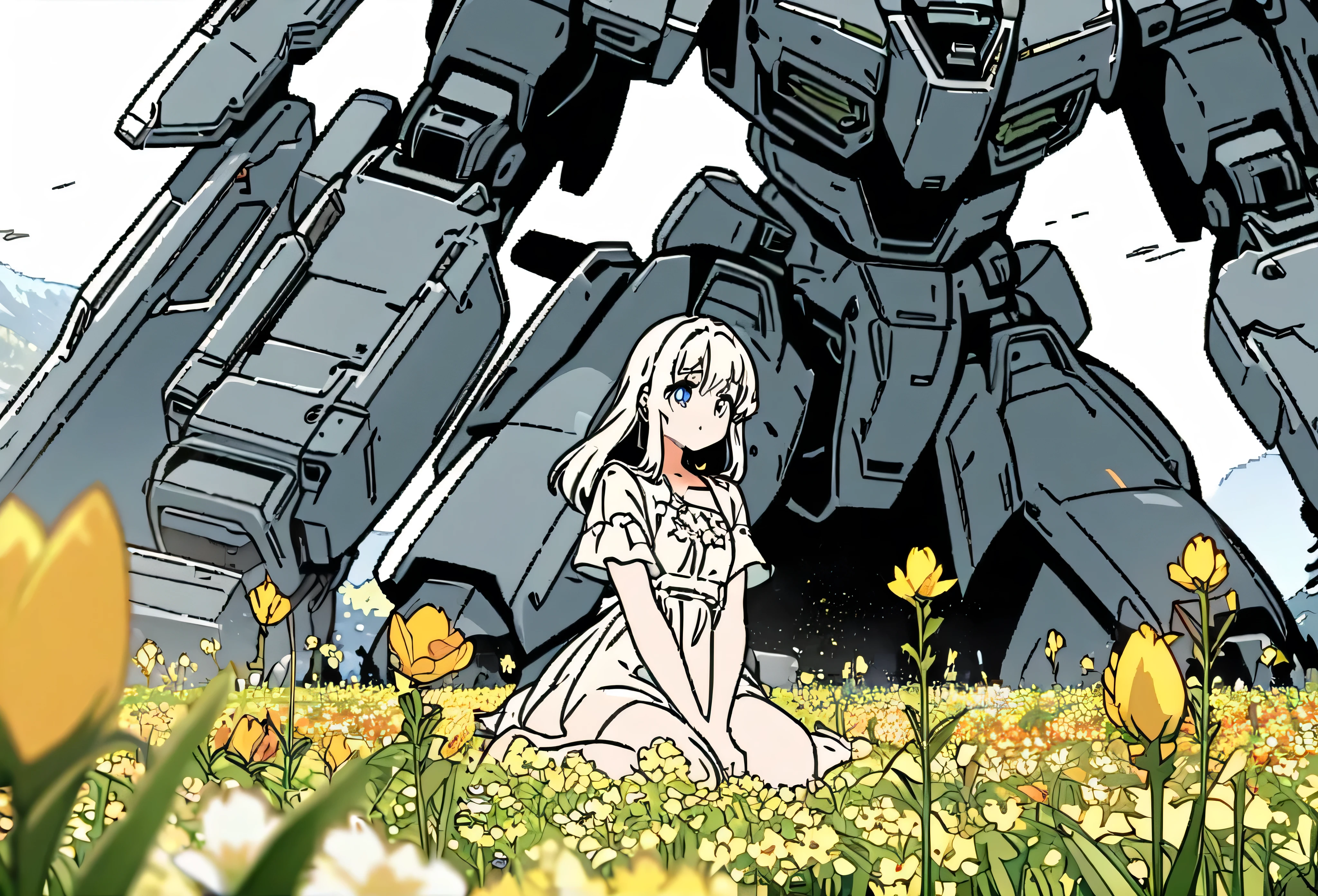 Anime line art, anime girl collects beautiful flowers in the field, next to her is guarded by a large high-tech combat Mech sitting in a clearing, line art, Anime line art