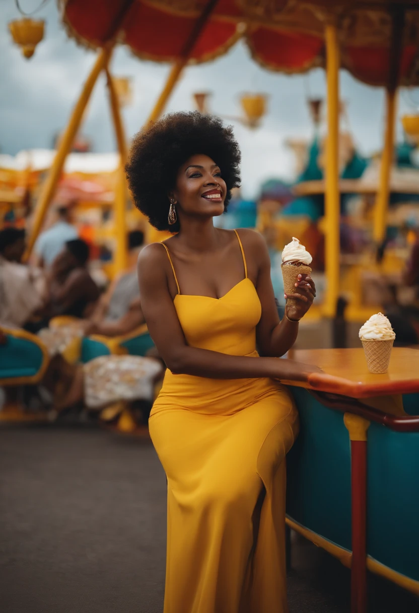 Mulher afro, black woman in amusement park eating ice cream with yellow dress and sandals