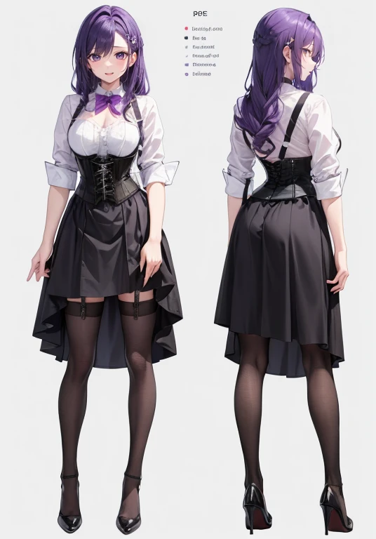 Purple hair,Long hair,Adult female,Bartender,((Body harness)),((Rolling up your sleeves shirt)),(Corset),(Tight skirt),Garter belt,High heels,((Simple background)),Smile,((Full body)),((whole body)),Character Sheet,