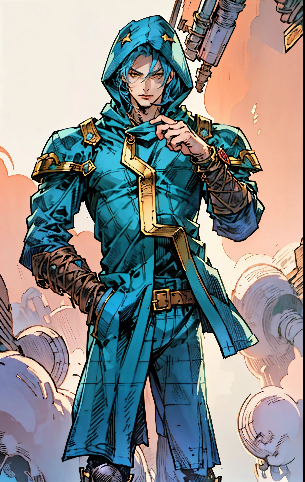 A man with short golden-blue hair, upward-flipped middle part bangs, handsome face, confident expression, golden eyes, he is hooded, a fantasy-style green-purple hooded coat, black undershirt, blue and white shoulder guards, wide cuffs, asymmetrical hem, a green belt buckle, dark blue trousers, his right hand resting behind his back and his left hand raised, stands before a majestic fantasy-style spatial portal, this character embodies a finely crafted fantasy-style sage in anime style, exquisite and mature manga art style, high definition, best quality, highres, ultra-detailed, ultra-fine painting, extremely delicate, professional, perfect body proportions, golden ratio, anatomically correct, symmetrical face, extremely detailed eyes and face, high quality eyes, creativity, RAW photo, UHD, 32k, Natural light, cinematic lighting, masterpiece-anatomy-perfect, masterpiece:1.5
