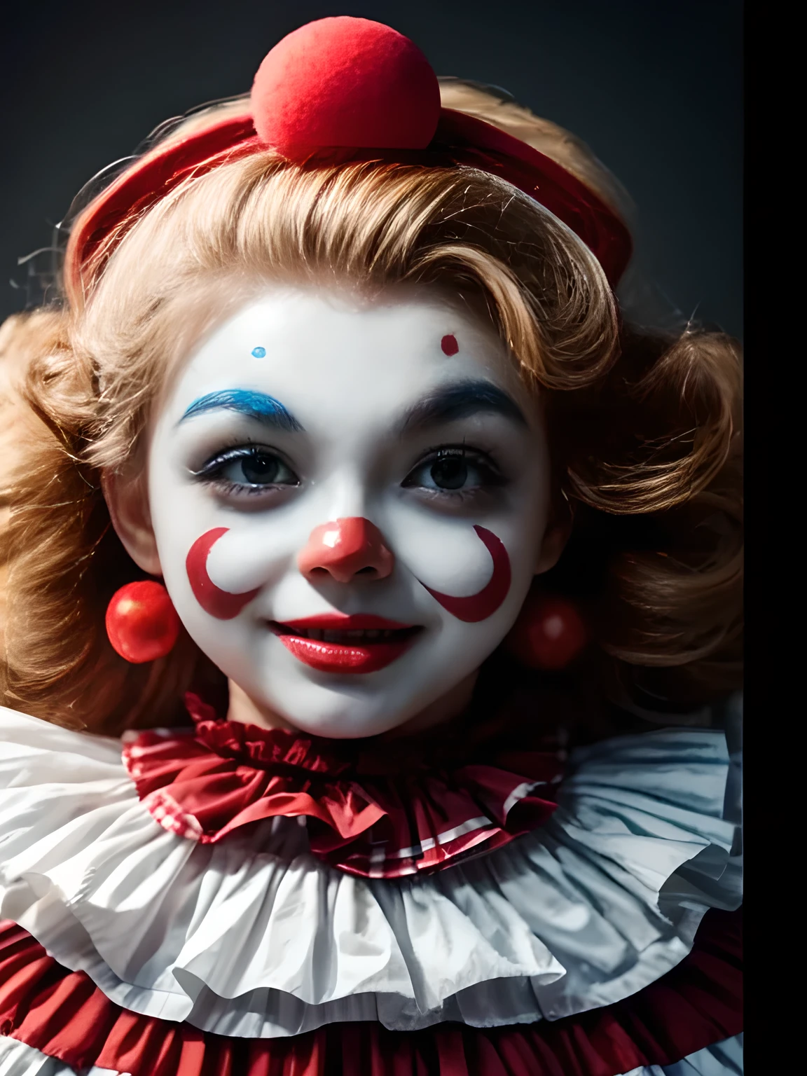 Top quality，{{masterpiece}}, {{{best quality}}}, {{Super detailed}}, {{masterpiece}}, {{{best quality}}}, {{Super detailed}}, Beautiful female clown, Big white face, Draw red circles around the eyes, masterpiece,