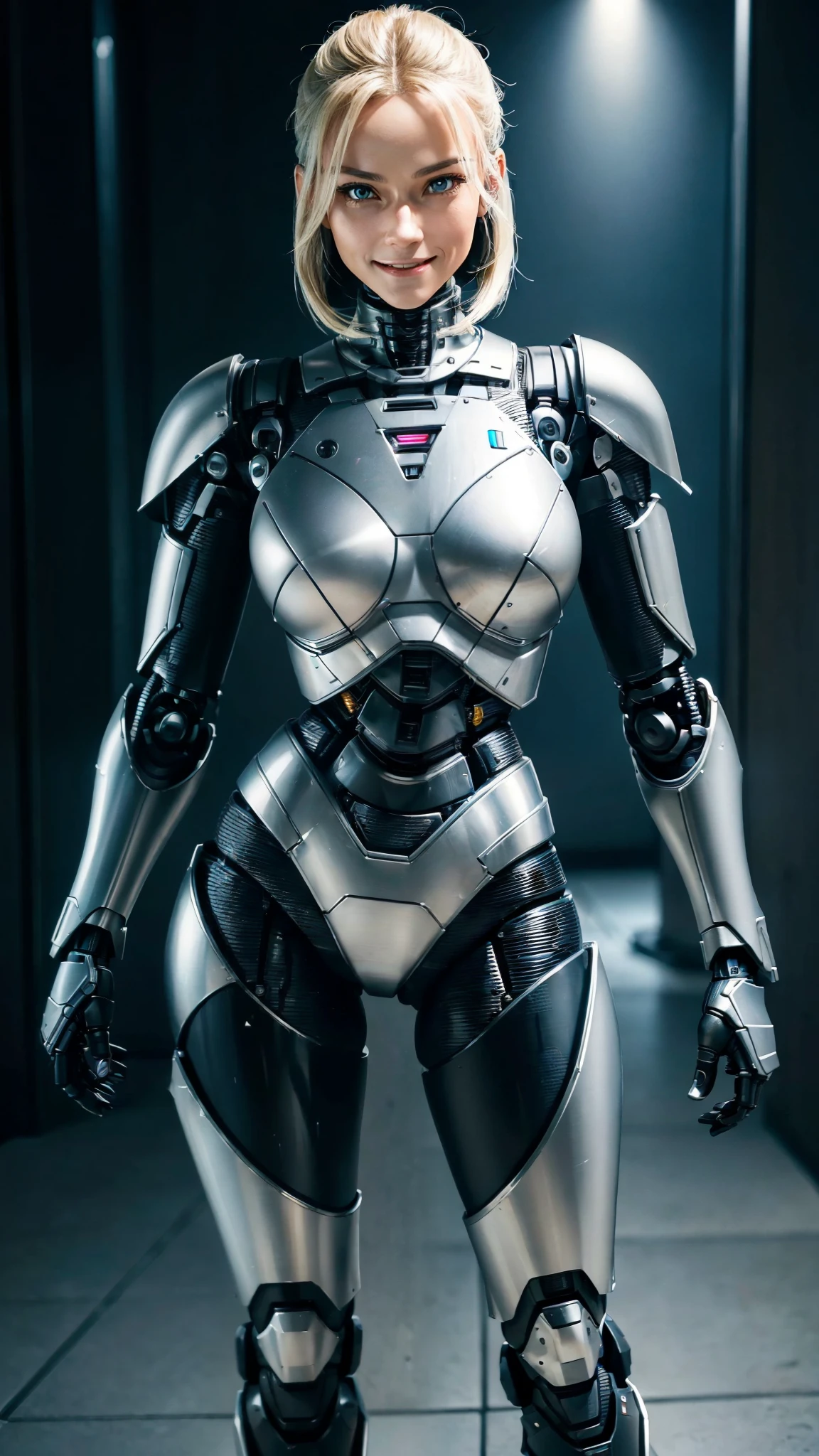 ((TOTALLY ALONE)),a female version of Robocop, totally identical, incredibly realistic, classic armor details with some innovations, (always repeat the same face), (always repeat the same appearance), (always repeat the same proportions), (always repeat the same clothes), looking at the camera, completely alone, always shown full body, happy smile, (always repeat the same armature)