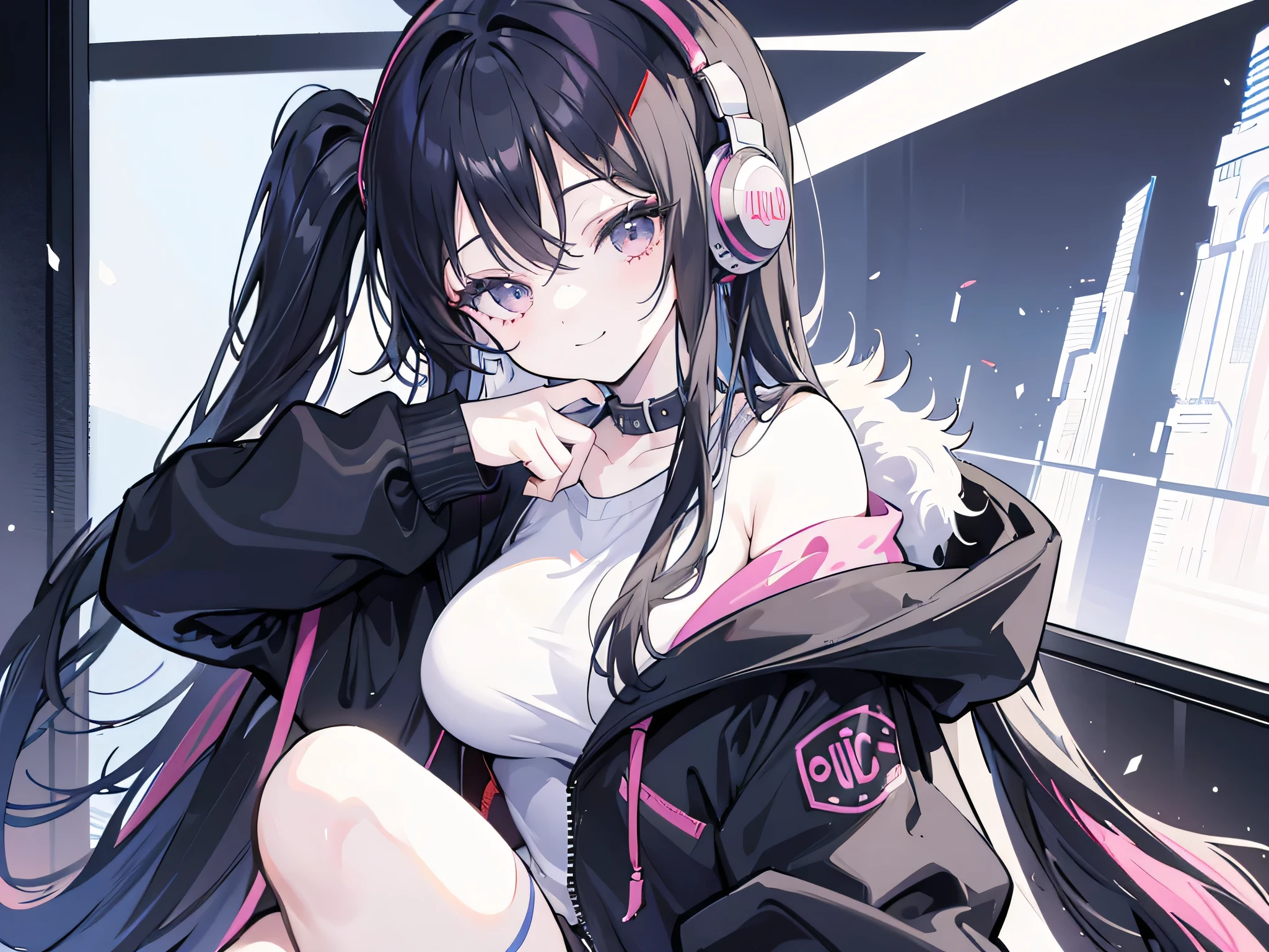 masterpiece,anime style,chibi,sexy girl,1024 x 768 wallpaper,black hair,shoulder length hair with two pigtails,black jacket,with headphones,lo fi background,smiling,big breasts,listening to music,waiting on the right side of the image,