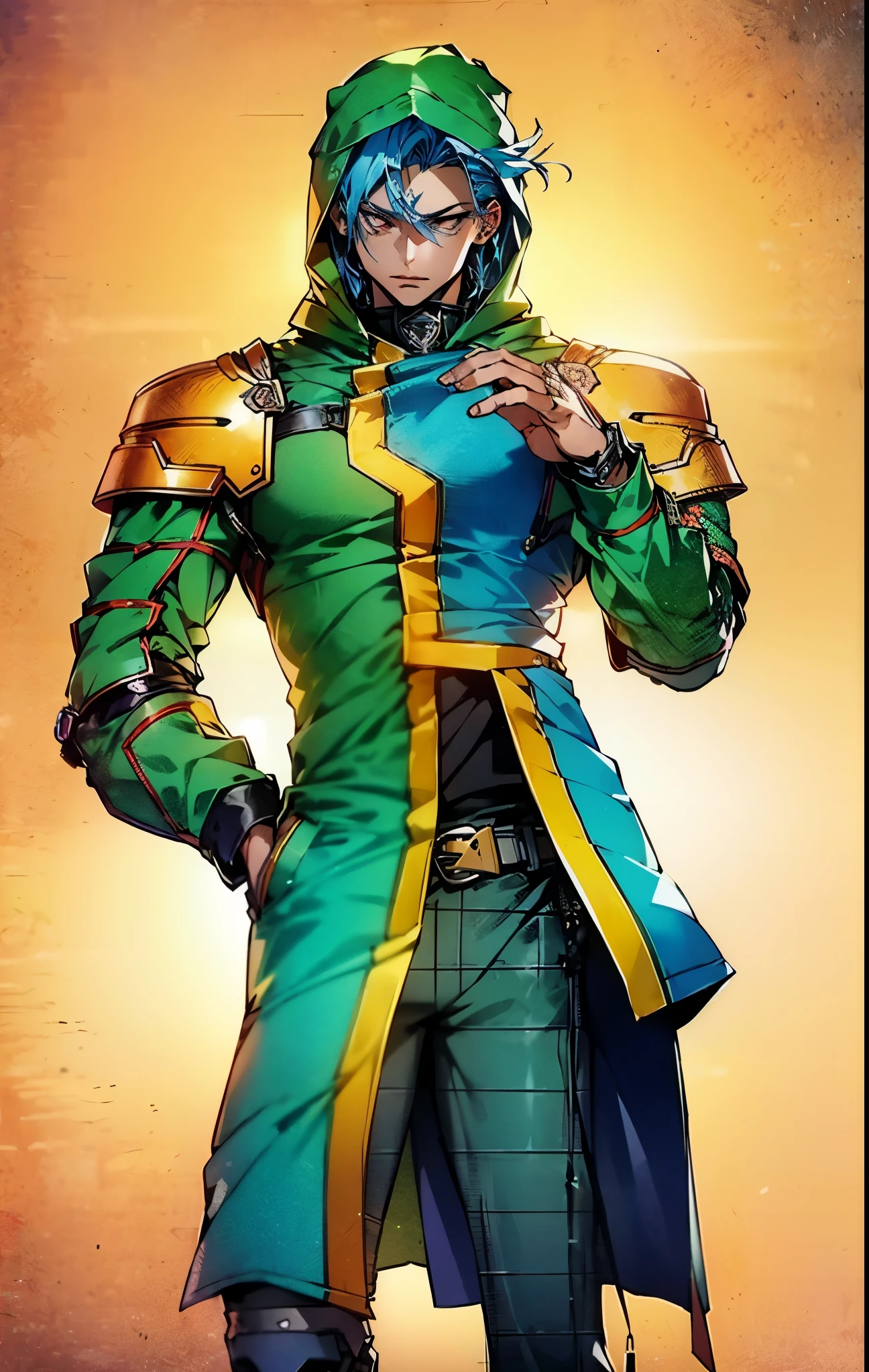 A man with short golden-blue hair, upward-flipped middle part bangs, handsome face, confident expression, golden eyes, he is hooded, a fantasy-style green-purple hooded coat, black undershirt, blue and white shoulder guards, wide cuffs, asymmetrical hem, a green belt buckle, dark blue trousers, his right hand resting behind his back and his left hand raised, stands before a majestic fantasy-style spatial portal, this character embodies a finely crafted fantasy-style sage in anime style, exquisite and mature manga art style, high definition, best quality, highres, ultra-detailed, ultra-fine painting, extremely delicate, professional, perfect body proportions, golden ratio, anatomically correct, symmetrical face, extremely detailed eyes and face, high quality eyes, creativity, RAW photo, UHD, 32k, Natural light, cinematic lighting, masterpiece-anatomy-perfect, masterpiece:1.5