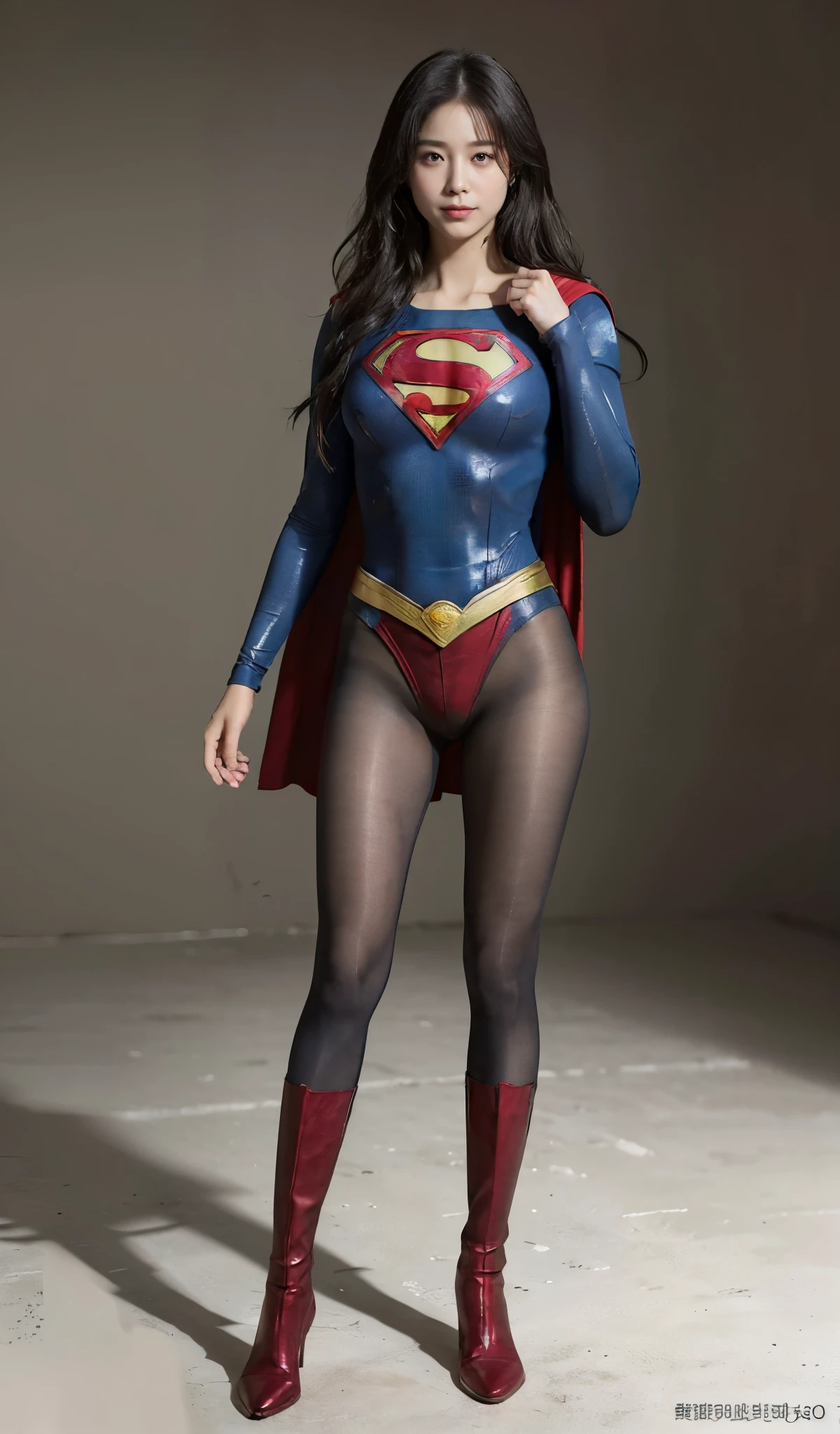 No background、(((Beautiful legs in black tights.)))、(((Legally express the beauty of your smile)))、((((Make the most of your original images)))、(((Supergirl Costume)))、(((Beautiful Hair)))、(((suffering)))、(((Please wear black tights....、Wear red boots)))、((Best image quality、8K))、((highest quality、8K、masterpiece:1.3))、(((Preserve background )))、Sharp focus:1.2、Beautiful woman with perfect figure:1.4、Thin abdominal muscles:1.2、Wet body:1.5、Highly detailed face and skin texture、8K