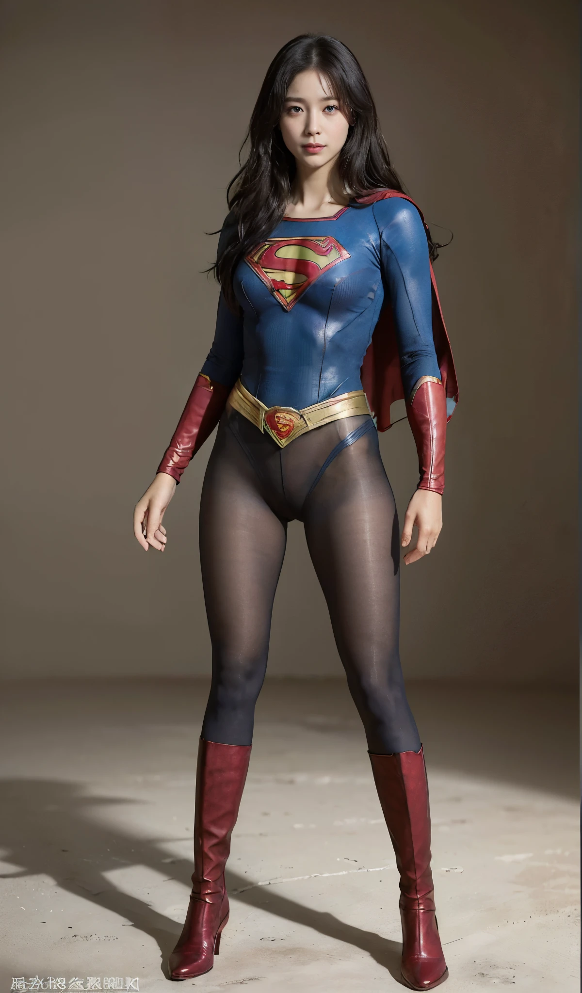 No background、(((Beautiful legs in black tights.)))、(((Legally express the beauty of your smile)))、((((Make the most of your original images)))、(((Supergirl Costume)))、(((Beautiful Hair)))、(((suffering)))、(((Please wear black tights....、Wear red boots)))、((Best image quality、8K))、((highest quality、8K、masterpiece:1.3))、(((Preserve background )))、Sharp focus:1.2、Beautiful woman with perfect figure:1.4、Thin abdominal muscles:1.2、Wet body:1.5、Highly detailed face and skin texture、8K