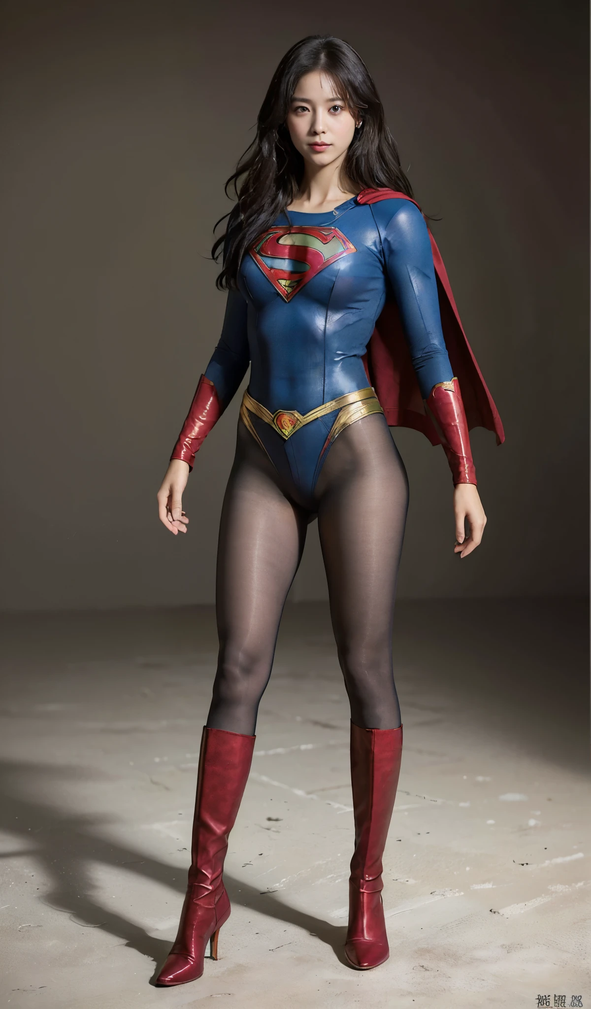 No background、(((Beautiful legs in black tights.)))、(((Legally express the beauty of your smile)))、((((Make the most of your original images)))、(((Supergirl Costume)))、(((Beautiful Hair)))、(((suffering)))、(((Please wear black tights....、Wear red boots)))、((Best image quality、8K))、((highest quality、8K、masterpiece:1.3))、(((Preserve background )))、Sharp focus:1.2、Beautiful woman with perfect figure:1.4、Thin abdominal muscles:1.2、Wet body:1.5、Highly detailed face and skin texture、8K