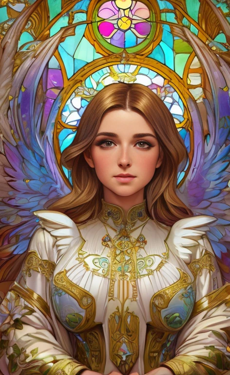 (best quality:1.2,vetorial art:1.1,Stained glass,beautiful vintage angel woman with big open wings:1.1),determined face expression,corpo de frente para o observador,alphonse mucha style,Intricate flowery background,vivid colors,soft lighting)