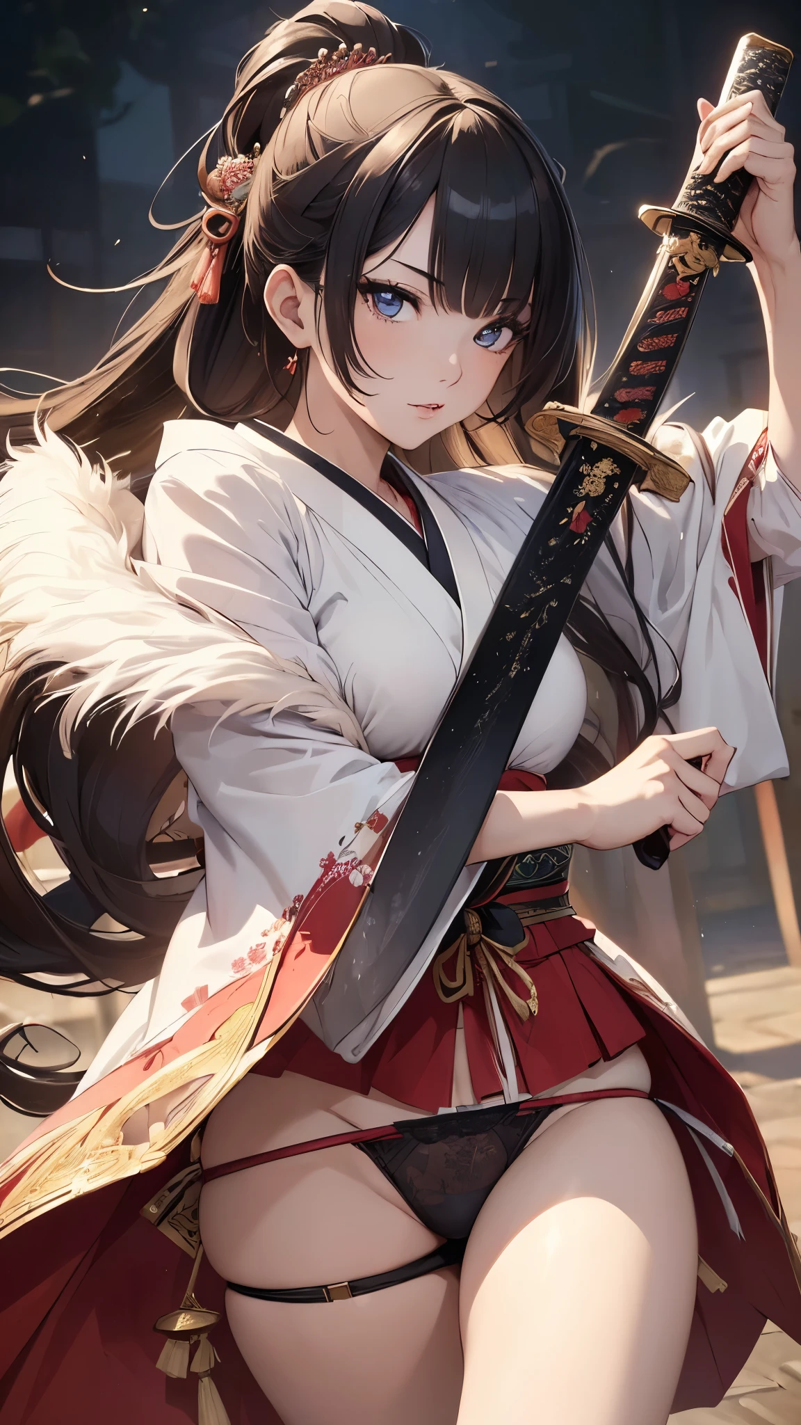 (((masterpiece))), (((High resolution)))、(((8K quality)))、(((perfect face)))、(((woman having a Japanese sword))), ((panty)), look at the camera, ((top quality eyes)), (detailed face), (detailed texture)