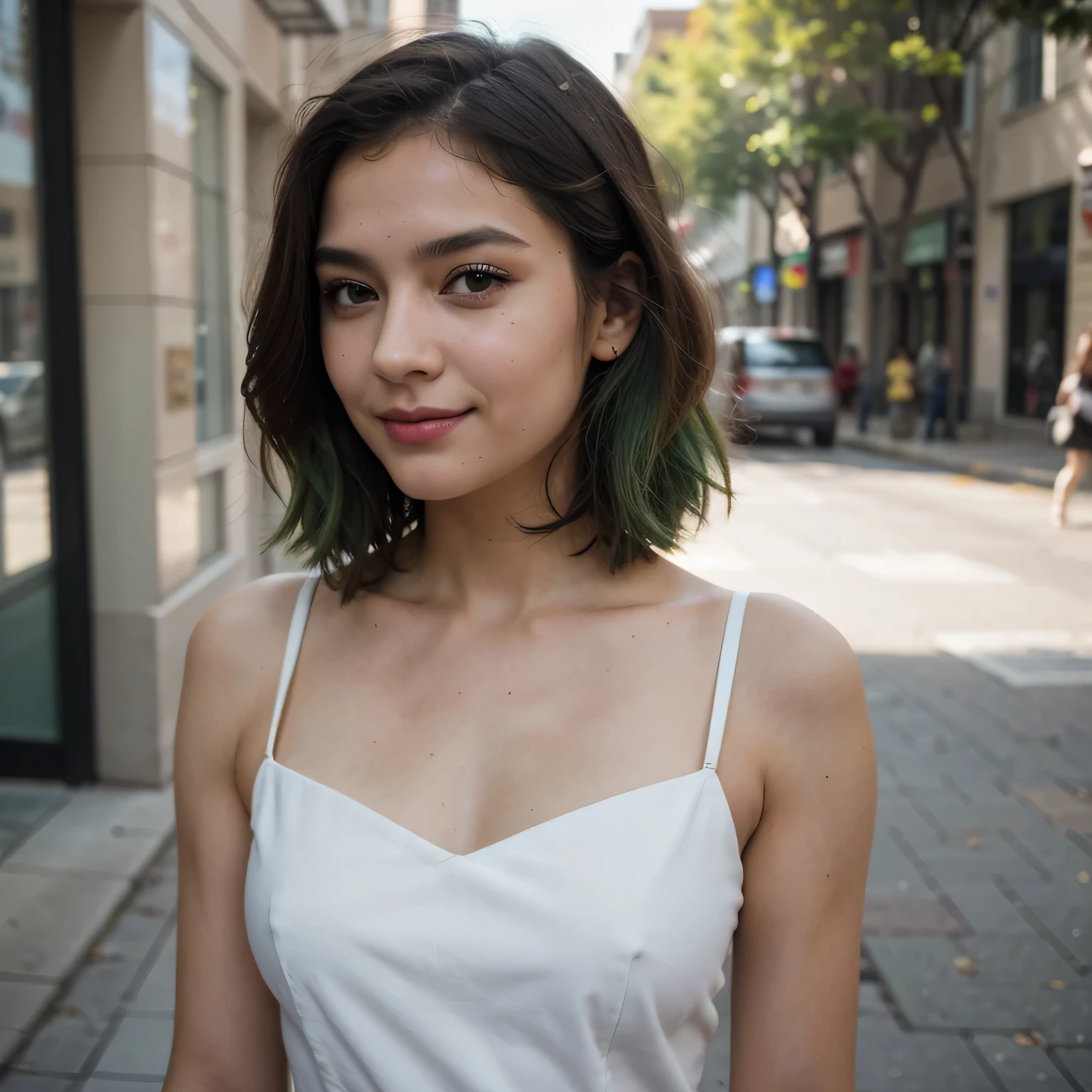 1girls, Nur, green Hair , 24 years old , (Sharp focus:1.2), photo, very young, detailed, short hair, at shoulder level, slightly above the shoulder, hair ends will be green, especially green, pretty face:1.1), sweet lips, (cat eyes-Makeup:0.85 ), (smile:1,2), carrying bags, (dress:1,2), (daily street, city center:1,2). (atmospheric, sunny illumination:1,2), depth of field, bokeh, 4K, HDR. Be extremely flawless and realistic,Best Quality, 8K, Masterpiece:1.3)), Focus: 1.2, Perfect Body Beauty: 1.4, Hips: 1.2, , High Detail Facial and Skin Texture, Thin Eyes, Double Eyelids, , ,