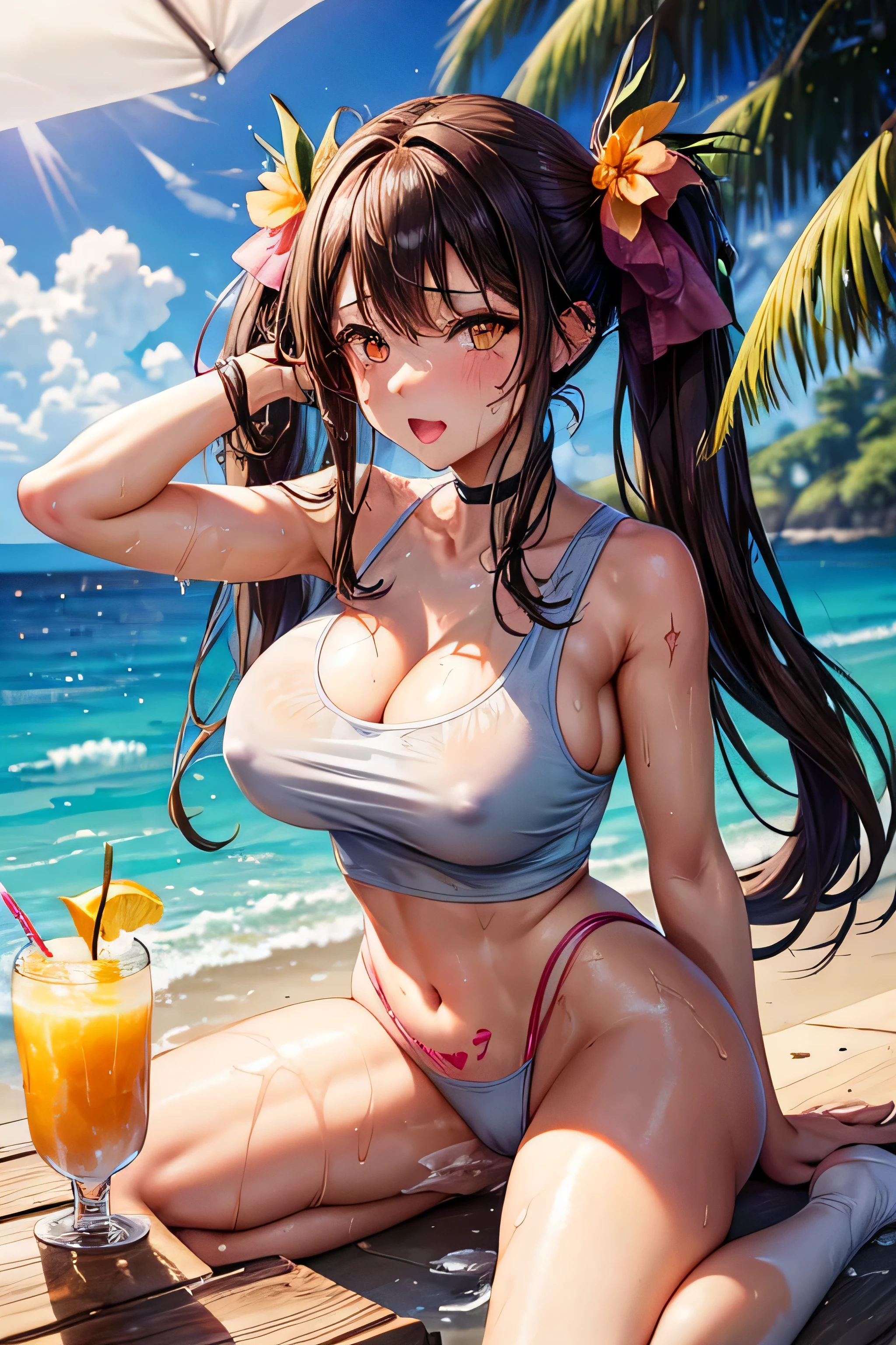 High resolution, high quality, One girl, Anime Girls, dark brown hair,long hair,twintails,dark brown eyes,heart shaped pupils, Large Breasts,beautiful breasts,pointy breasts,long nipples, (Big Ass),beautiful ass,sweat,wet,ahegao,sweat,wet,open legs,Groin tattoo,glowing tattoo,Tank Top,pink highleg cheerleader,lower body,open legs,cherryblossom,at cafe,(lemon juice),(orange juice),(Pineapple juice),(Mango juice),(water),