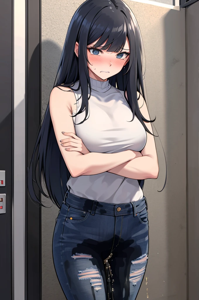 A woman with very long black hair and (very long bangs:1.5), wearing a stylish jacket and tight jeans, standing. The artwork is inspired by manga and incorporates a doujin style. The woman appears to be (wetting herself:1.5), which causes her to feel embarrassed and humiliated, resulting in a blush on her face. In addition, there is an air of anger in her expression. The lighting in the scene is moody, with a spotlight highlighting the woman's figure. She is crossing her arms, (arms crossed:1.5), fully showcasing her jeans., large breasts
