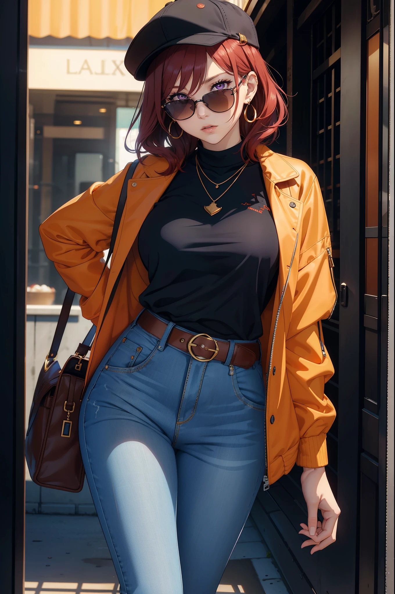 mary janeane watson, blue jeans, yellow sweater with purple turtleneck, red hair, --auto --s2
