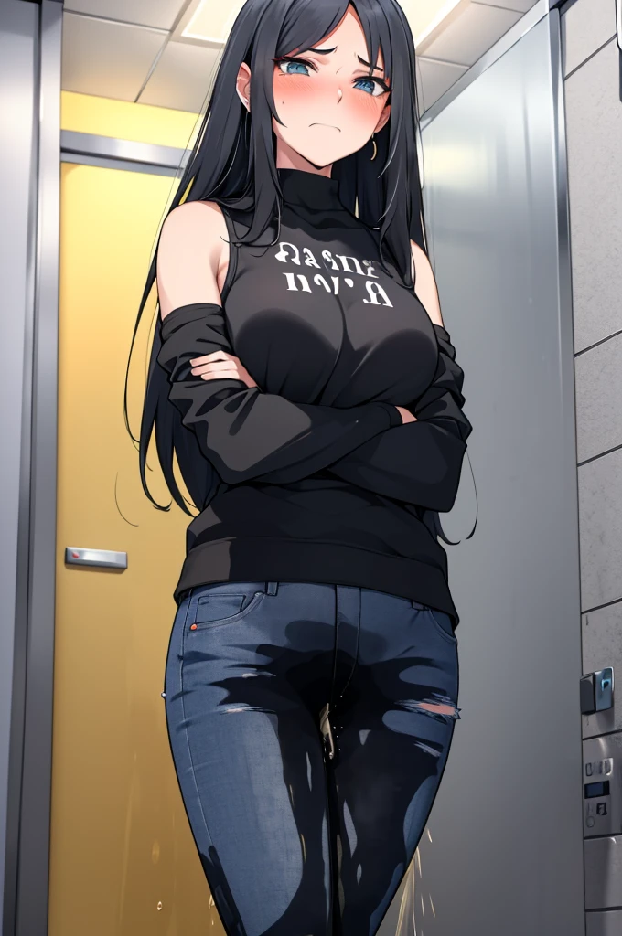 A woman with very long black hair and (very long bangs:1.5), wearing a stylish jacket and tight jeans, standing. The artwork is inspired by manga and incorporates a doujin style. The woman appears to be (wetting herself:1.5), which causes her to feel embarrassed and humiliated, resulting in a blush on her face. In addition, there is an air of anger in her expression. The lighting in the scene is moody, with a spotlight highlighting the woman's figure. She is crossing her arms, (arms crossed:1.5), fully showcasing her jeans., large breasts