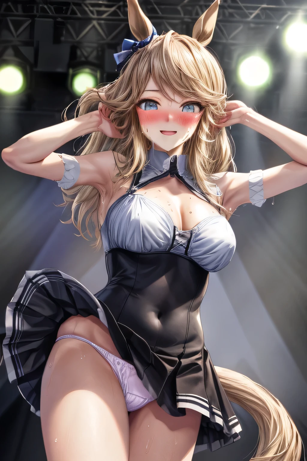 sexy dance show,gold city \(umamusume\),good anatomy, masterpiece, best quality,realistic, hyperrealistic, 16k hdr,(Live Stage:1.2),(skirt lift,wind lift:1.4),Stage costumes,Horse tail,ultra miniskirt,navel,sweat,large breasts,cleavage,upper body,(red blush,smile),erected nipples,from below,show off micro panty