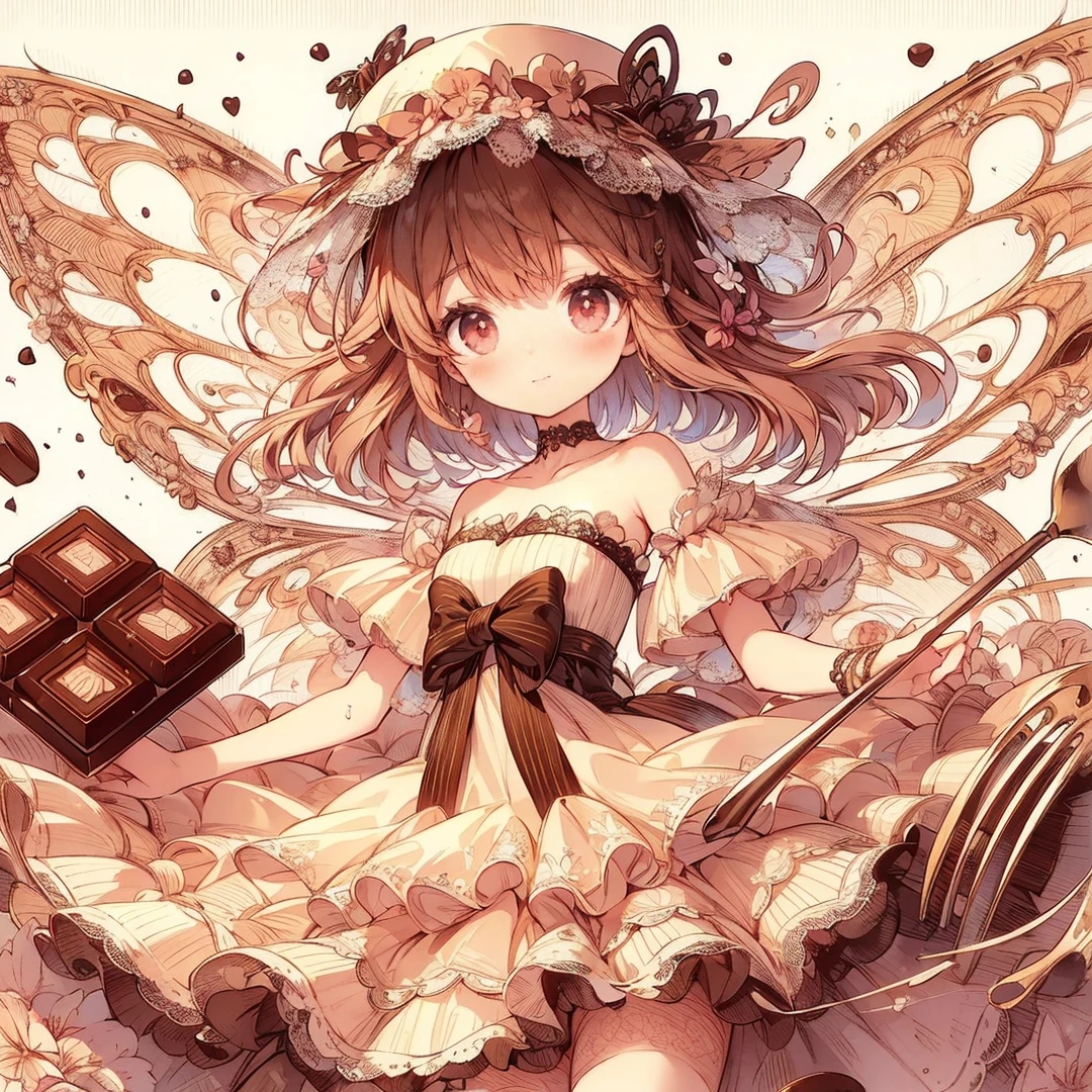 (Exquisite, beautiful, Very detailed, masterpiece, High resolution,high quality,High resolution),(Well-formed face,Soft and thin lines: 1.2, beautiful, Delicate and vivid illustrations with a mature and clear feel), Lots of beautiful and delicious looking chocolates,A chocolate-winged fairy is floating in the air holding a large silver fork with a happy smile on his face,A ball gown dress with a chocolate motif, lace, frills and ribbons, and a fluffy, deep brown base with white and black tones.,Chocolate Tiara,necklace,Earrings,bracelet,Chocolate fairy wings,(Short eyebrows,Pale pink blush, Plump pink lips,beautiful瞳,Quite large and fluffy bust,Open chest,Fair skin, Good style,Knee-high with lace,),happy,Smiling,Melted chocolate,Chocolate cake,Chocolate truffle,Bar of chocolate,Pocky,chocolate cookies,Bright colors,Eye-catching colors,Dynamic Angles,Dream Cute,