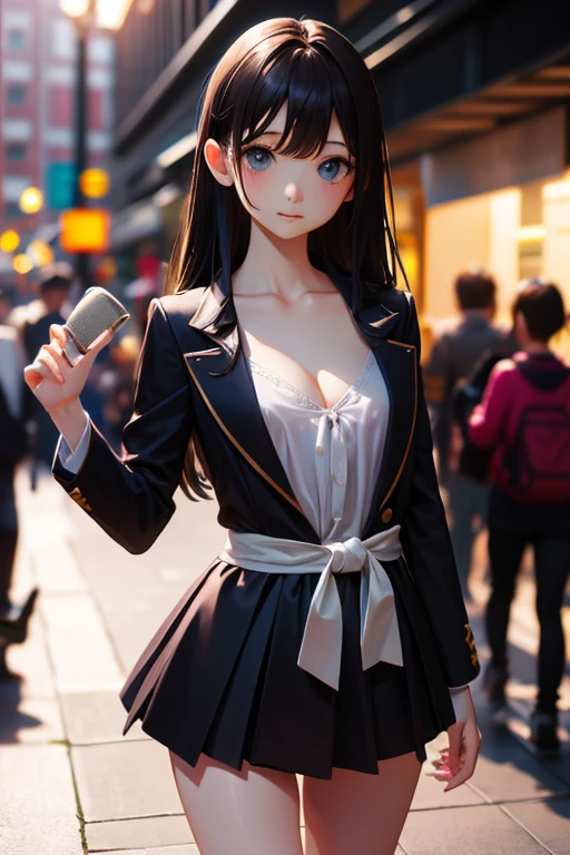 masterpiece, highest quality, One Girl, Thighs, beautiful girl, Flowers, Lots of small petals, Small waist, Official Art, RAWphotograph,Hands are precise、Face Light, Dynamic Lighting, Cinema Lighting, Ultra-realistic, High resolution, photograph, Sharp focus, Highly detailed eyes and face,Symmetrical face, whole body、Suit skirt、slit、Cleavage、Large Breasts、Embarrassing、Long Hair、はだけたThighs、美しいCleavage、Walking through the shopping district