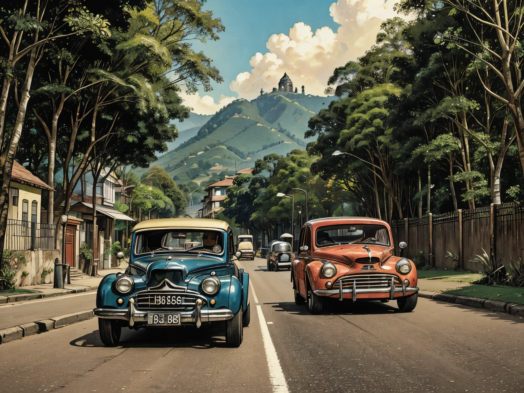 In a small, quaint village nestled amidst the lush greenery of the Colombian countrysidecars are lined up on the side of the road in a city, hotrods driving down a street, vintage cars,  1 9 5 4,  : 8 k, vintage footage on Colombian  streets, 1 9 4 0 s street scene, by Howard Lyon, by Alexander Mann, vintage color photo highly detailed ,more saturation more saturation
