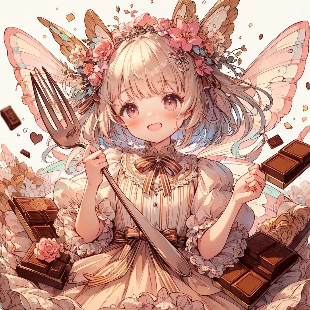 (Exquisite, beautiful, Very detailed, masterpiece, High resolution,high quality,High resolution),(Well-formed face,Soft and thin lines: 1.2, beautiful, Delicate and vivid illustrations with a mature and clear feel), Lots of beautiful and delicious looking chocolates,A chocolate-winged fairy is floating in the air holding a large silver fork with a Happy smile on his face,Chocolate motif ball gown dress, race, Ruffles and ribbons, Fluffy, Dark brown base with black and white tones.,Chocolate Tiara,neckrace,Earrings,bracelet,chocolate fairy wings,(Short eyebrows,Pale pink blush, Plump pink lips,beautiful瞳,かなり大きくてFluffyバスト,Open chest,Fair skin, Good style,Knee-high with race,),Happy,smile,Melted chocolate,Chocolate cake,truffle chocolate,chocolate bar,Pocky,chocolate cookies,Bright colors,Eye-catching colors,Dynamic Angle,Cute Dream,