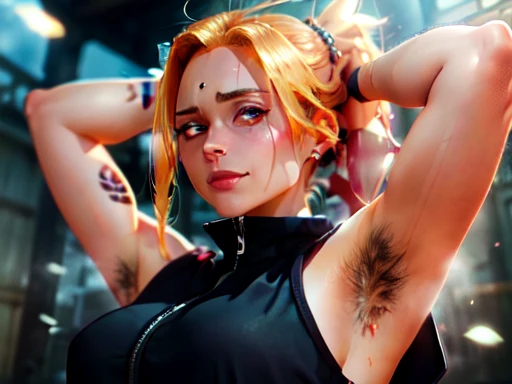 shiny skin, shiny hair, in the center, (up close:1.5), arms up, (arms above head:1.5), arms behind head, armpits, (armpits into viewer's face:1.5), (looking at viewer:1.5), (eye contact with viewer:1.5), smile, closed mouth, ANIME SCREENCAP, masterpiece, absurdres, hdr, soft light, best quality, detailed, highres, tsunade senju from naruto shippuden