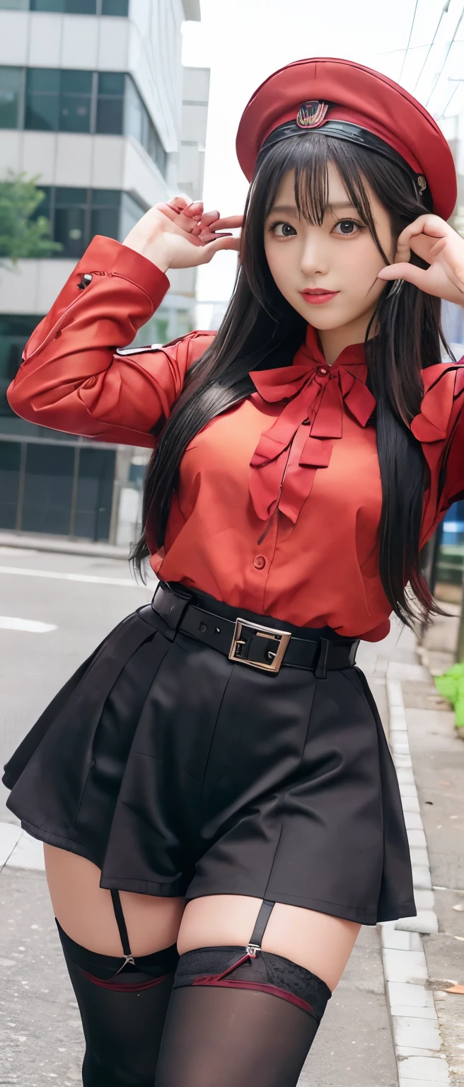 Cute idol girl、whole body、Good style、、Black Shorts、、、、、、、Red military uniform（military hat）、Cool Belt、Fishnet tights、Knee-high boots、