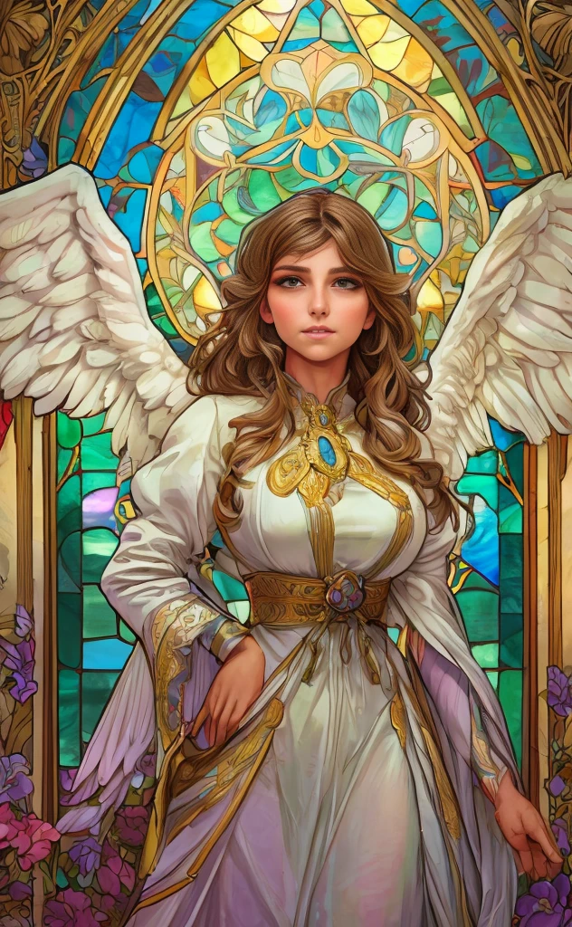 (best quality:1.2,vetorial art:1.1,Stained glass,beautiful vintage angel woman with big open wings:1.1),determined face expression,corpo de frente para o observador,alphonse mucha style,Intricate flowery background,vivid colors,soft lighting)