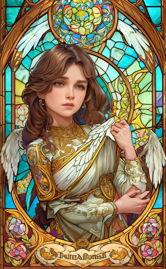 (best quality:1.2,vetorial art:1.1,Stained glass,beautiful vintage angel woman with big open wings:1.1),determined face expression,corpo de frente para o observador,alphonse mucha style,Intricate flowery background,vivid colors,soft lighting)