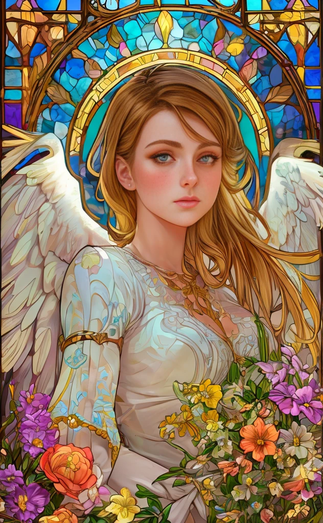 (best quality,4k,8k,highres,masterpiece:1.2),ultra-detailed,(realistic,photorealistic,photo-realistic:1.37),a girl with radiant blonde hair and piercing blue eyes, [angelic] wings spread wide, [delicate] facial features, [translucent, billowing chromatic silks [fluttering gracefully around her], chromatic butterfly wings shimmering in the moonlight, [luminous halo] above her head, [ethereal] glow surrounding her body, [celestial] energy emanating from her being, [starry sky] dotted with twinkling constellations, [magical atmosphere] filled with a sense of wonder, [soft, gentle breeze] rustling through the trees, [serene garden] with colorful blossoms and lush greenery, [enchanted] moon casting a soft glow on the scene, [seraphic] presence inspiring a feeling of awe and serenity, [golden rays of light] illuminating her path, [peaceful harmony] between nature and the divine.