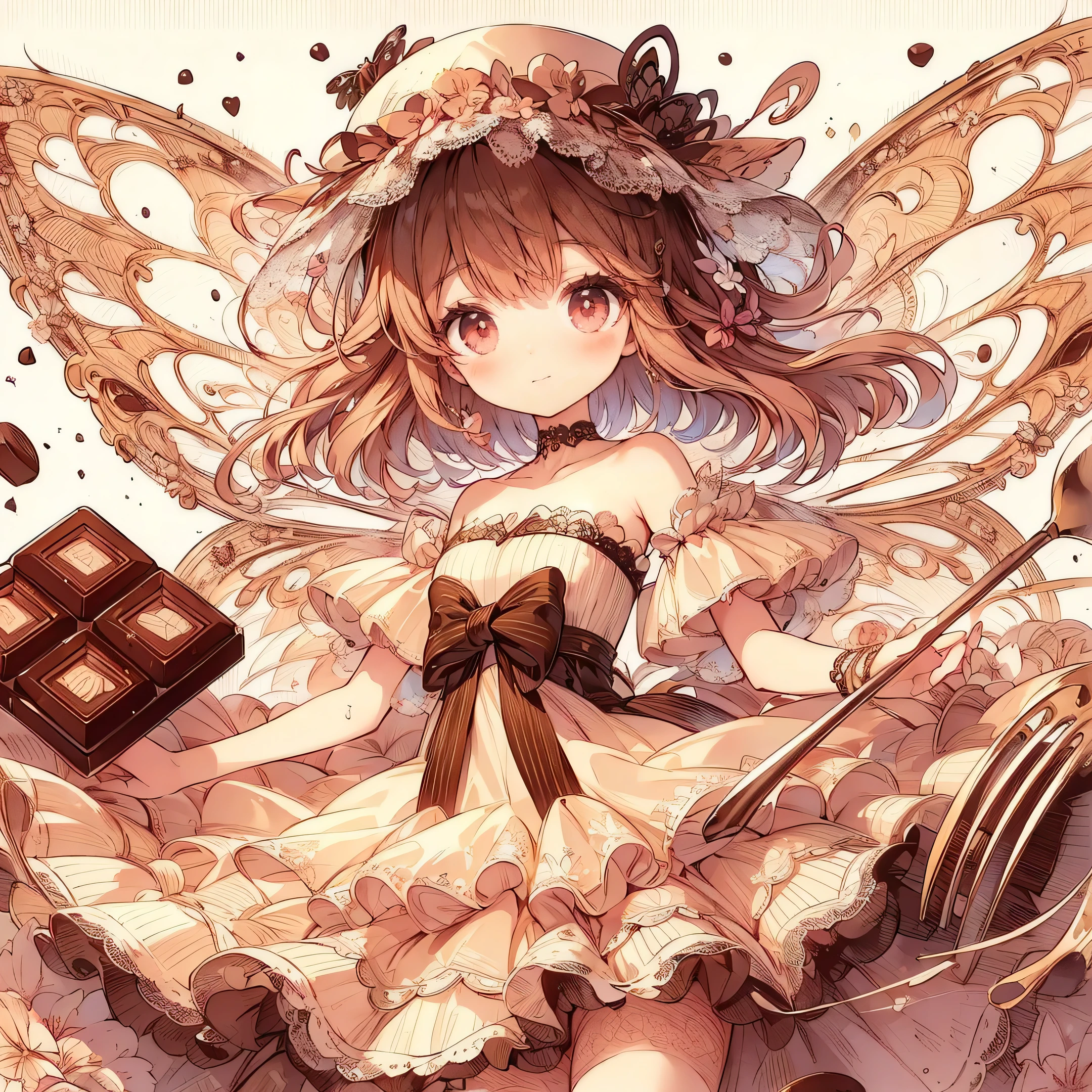 (Exquisite, beautiful, Very detailed, masterpiece, High resolution,high quality,High resolution),(Well-formed face,Soft and thin lines: 1.2, beautiful, Delicate and vivid illustrations with a mature and clear feel), Lots of beautiful and delicious looking chocolates,A chocolate-winged fairy is floating in the air holding a large silver fork with a happy smile on his face,A ball gown dress with a chocolate motif, lace, frills and ribbons, and a fluffy, deep brown base with white and black tones.,Chocolate Tiara,necklace,Earrings,bracelet,Chocolate fairy wings,(Short eyebrows,Pale pink blush, Plump pink lips,Beautiful eyes,Quite large and fluffy bust,Open chest,Fair skin, Good style,Knee-high with lace,),happy,Smiling,Melted chocolate,Chocolate cake,Chocolate truffle,Bar of chocolate,Pocky,chocolate cookies,Bright colors,Eye-catching colors,Dynamic Angles,Dream Cute,