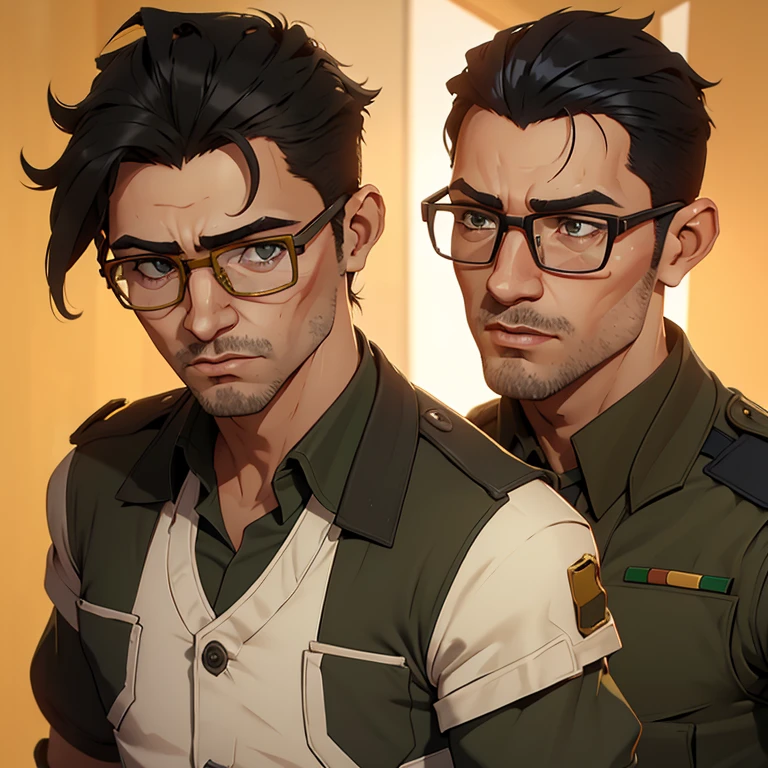 (estilo hq, melhor qualidade) Um jovem de 27 anos, de cabelos castanhos e crespo, olhos castanhos, nariz chato, corpo magro, wearing nerdy glasses, uniforme, militares, militares_uniforme ((retrato))