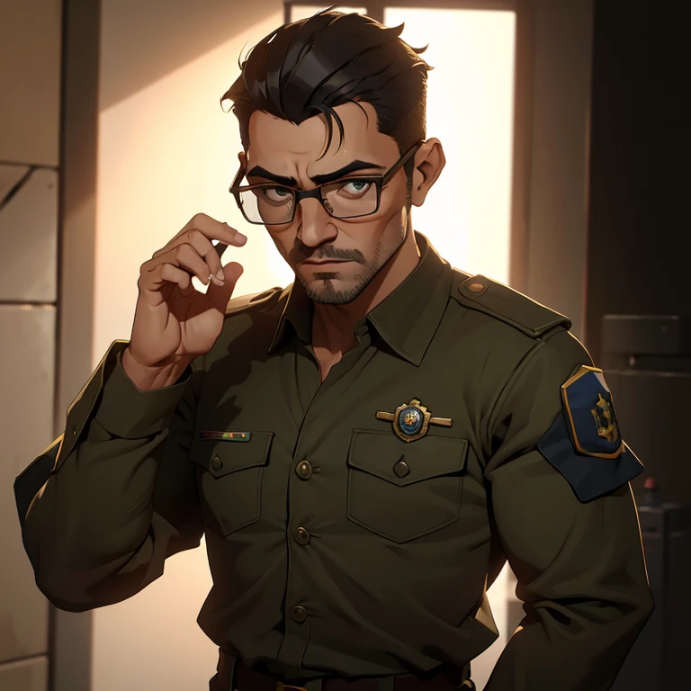 (estilo hq, melhor qualidade) Um jovem de 27 anos, de cabelos castanhos e crespo, olhos castanhos, nariz chato, corpo magro, wearing nerdy glasses, uniforme, militares, militares_uniforme ((retrato))