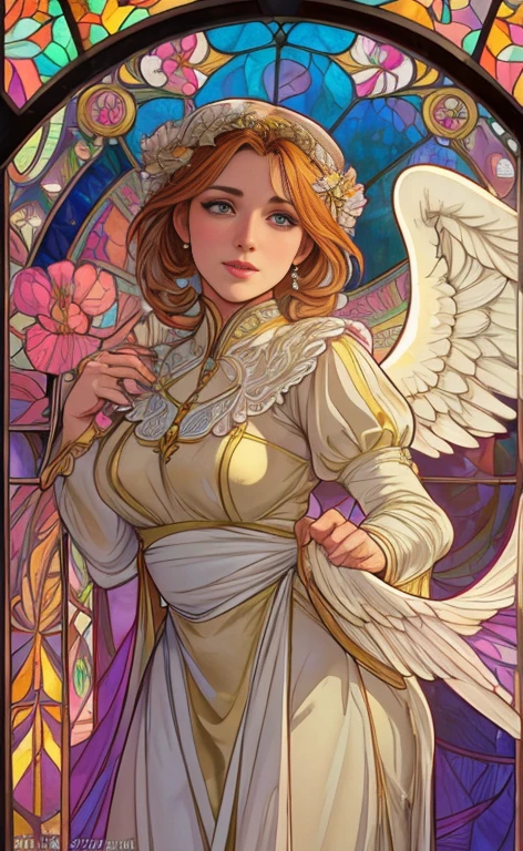 (best quality:1.2,vetorial art:1.1,Stained glass,beautiful vintage angel woman with big open wings:1.1),determined face expression,corpo de frente para o observador,alphonse mucha style,Intricate flowery background,vivid colors,soft lighting)
