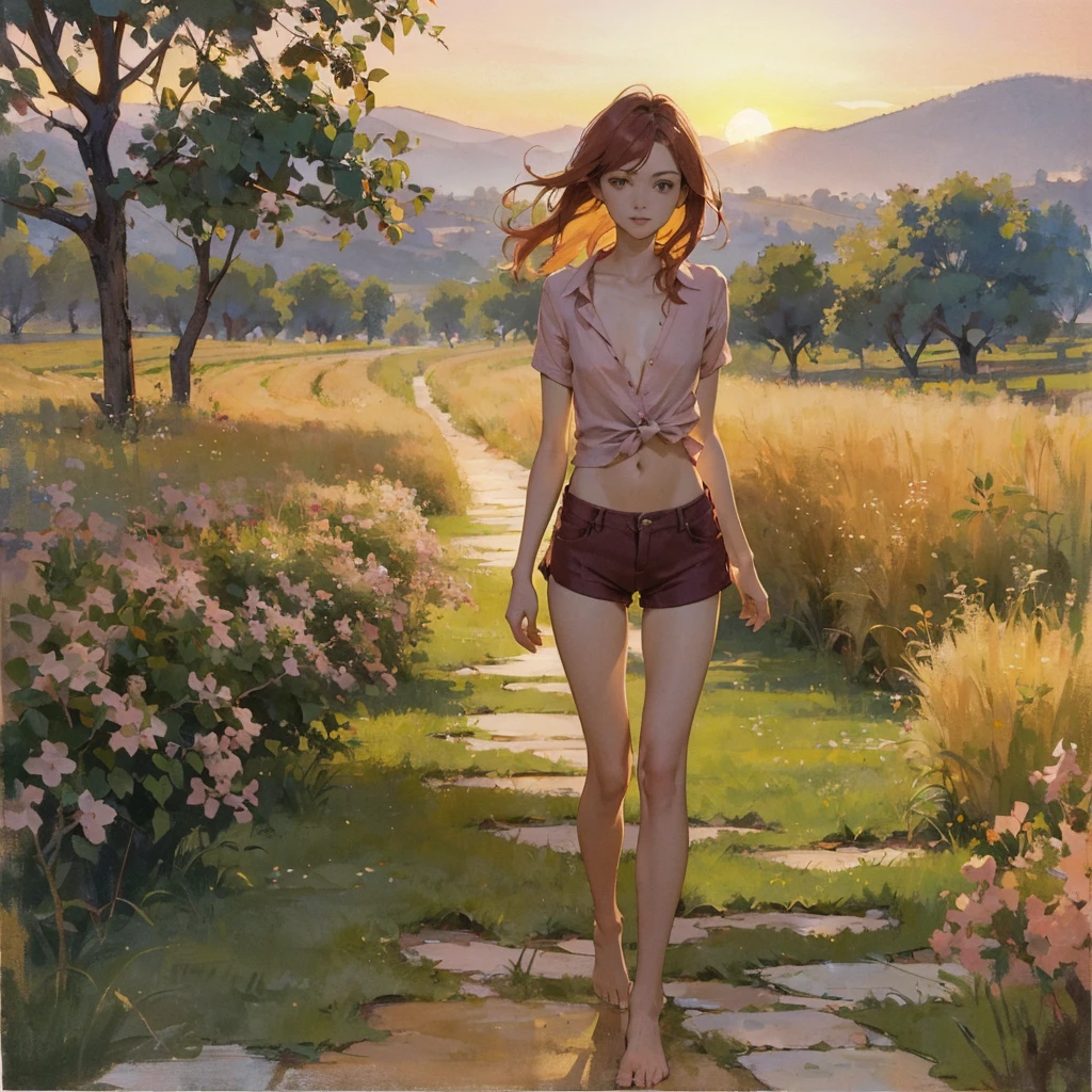 Beautiful slender thin exquisite (nude) girl 16 years old with a perfect southern type face (with short luscious burgundy hair) with tender beautiful expressive breasts with tender nipples barefoot with bare hips ((with red pubic hairs)) ((in an unbuttoned open pink shirt over his naked body and short burgundy shorts)) walks along a brick road in the middle of a flowering field (with a glass of wine) and books, in a gentle watercolor style, Discreet shades, sfumato, haze, diffused dim light, delicate mint shades, imitation of film photography, (olive and grape groves, Brick Road), (High image quality, Maximum detail), (sunset lighting, Warm evening shades, warm golden and olive sunset light)