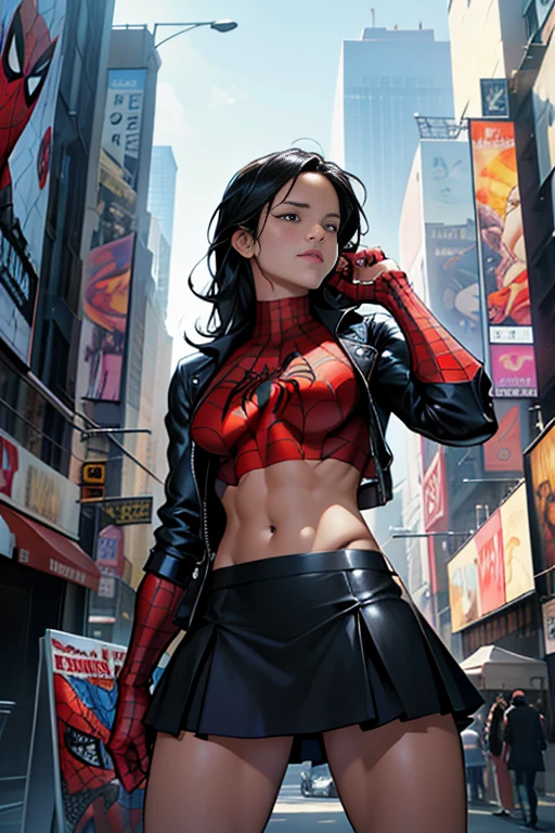 Michelle Rodriguez、マーベル・コミック映画のPoster, Very beautiful, Movies about Spiderman, sexy, whole body, I'm wearing a skirt、Premiere date, Poster、belly buttonを突き出す、new york、She's wearing a torn Spider-Man suit,The suit is torn、Wearing a skirt、 Red and black color scheme,dynamic、masterpiece、highest quality、Ultra-detailed、Very detailed、A delicate and beautiful shine、超A high resolution、Cinematic,Break,Breakdrop,(Torn clothes:1.5), (Wet clothes:1.4), Bare shoulders,Real Rain,Wet Hair,belly button、Exposing Skin、sexyな肩を見せてる