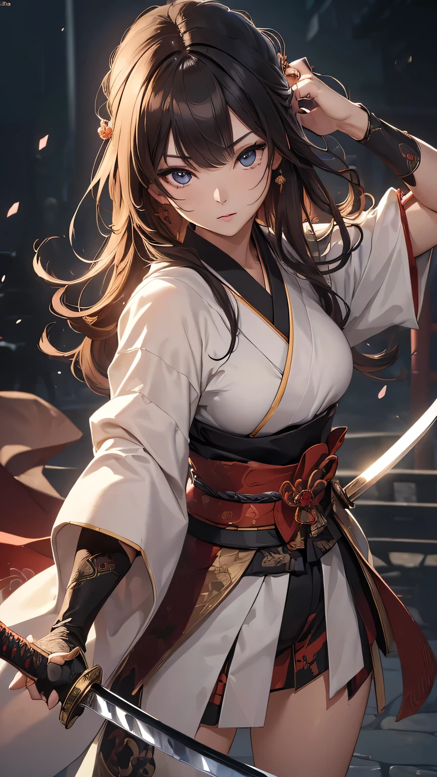 (((masterpiece))), (((High resolution)))、(((8K quality)))、(((perfect face)))、(((woman having a Japanese sword))), look at the camera, ((top quality eyes)), (detailed face), (detailed texture)
