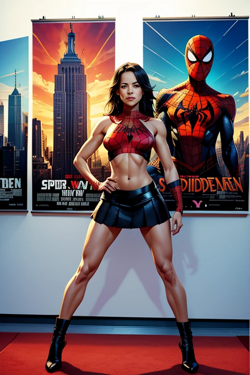 Michelle Rodriguez、マーベル・コミック映画のPoster, Very beautiful, Movies about Spiderman, sexy, whole body, I'm wearing a skirt、Premiere date, Poster、belly buttonを突き出す、new york、She&#39;s wearing a torn Spider-Man suit,The suit is torn、Wearing a skirt、 Red and black color scheme,dynamic、masterpiece、highest quality、Ultra-detailed、Very detailed、A delicate and beautiful shine、超A high resolution、Cinematic,Break,Breakdrop,(Torn clothes:1.5), (Wet clothes:1.4), Bare shoulders,Real Rain,Wet Hair,belly button、Exposing Skin、sexyな肩を見せてる