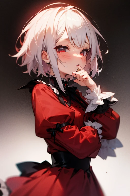 Short white hair, blush, Gothic Lolita、Punk Fashion、Headbang 2.、Red clothes、