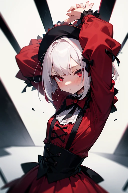 Short white hair, blush, Gothic Lolita、Punk Fashion、Headbang 2.、Red clothes、