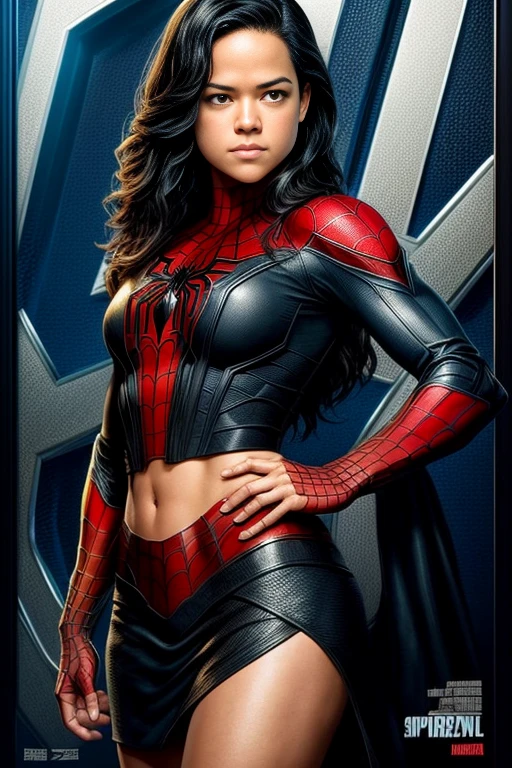 Michelle Rodriguez、マーベル・コミック映画のPoster, Very beautiful, Movies about Spiderman, sexy, whole body, I'm wearing a skirt、Premiere date, Poster、belly buttonを突き出す、new york、She's wearing a torn Spider-Man suit,The suit is torn、Wearing a skirt、 Red and black color scheme,dynamic、masterpiece、highest quality、Ultra-detailed、Very detailed、A delicate and beautiful shine、超A high resolution、Cinematic,Break,Breakdrop,(Torn clothes:1.5), (Wet clothes:1.4), Bare shoulders,Real Rain,Wet Hair,belly button、Exposing Skin、sexyな肩を見せてる