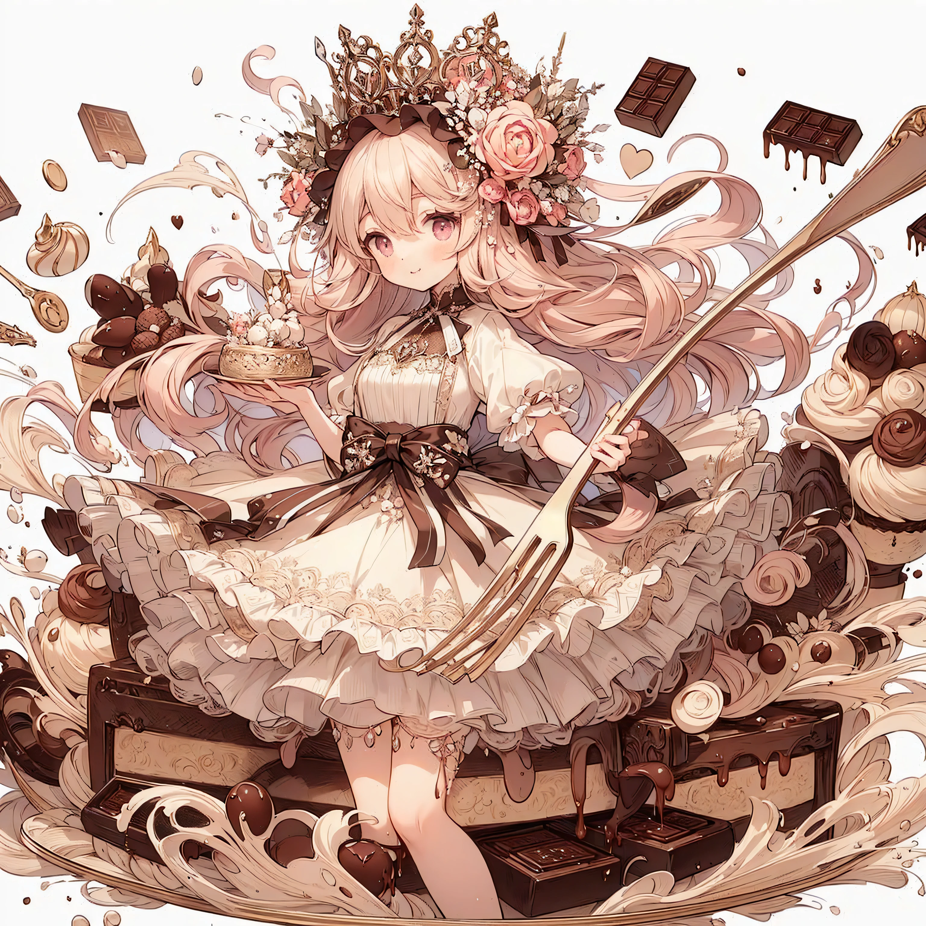 (Exquisite, beautiful, Very detailed, masterpiece, High resolution,high quality,High resolution),(Well-formed face,Soft and thin lines: 1.2, beautiful, Delicate and vivid illustrations with a mature and clear feel), Lots of beautiful and delicious looking chocolates,A chocolate-winged fairy is floating in the air holding a large silver fork with a Happy smile on his face,Chocolate motif ball gown dress, Race, Ruffles and ribbons, fluffy, Black and white tones on a dark brown base.,Chocolate Tiara,neckRace,Earrings,bRacelet,chocolate fairy wings,(Short eyebrows,Pale pink blush, Plump pink lips,Beautiful eyes,Quite large and fluffy bust,Open chest,Fair skin, Good style,Knee-high with Race,),Happy,smile,Melted chocolate,Chocolate cake,truffle chocolate,chocolate bar,Pocky,chocolate cookies,Bright colors,Eye-catching colors,Dynamic Angle,Cute Dream,